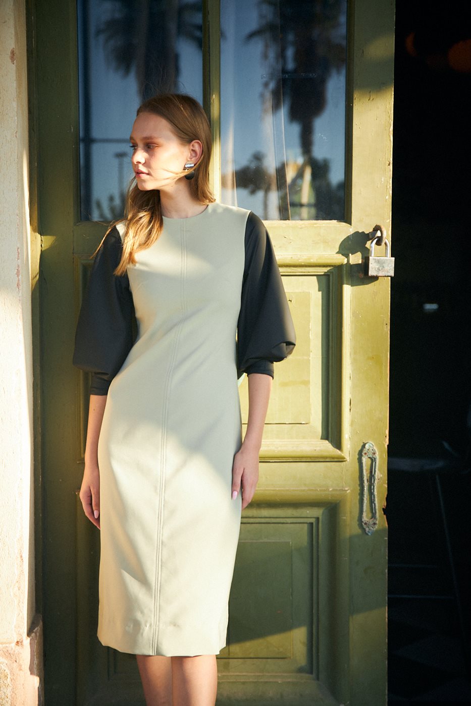 שמלת שרוולי עור בז