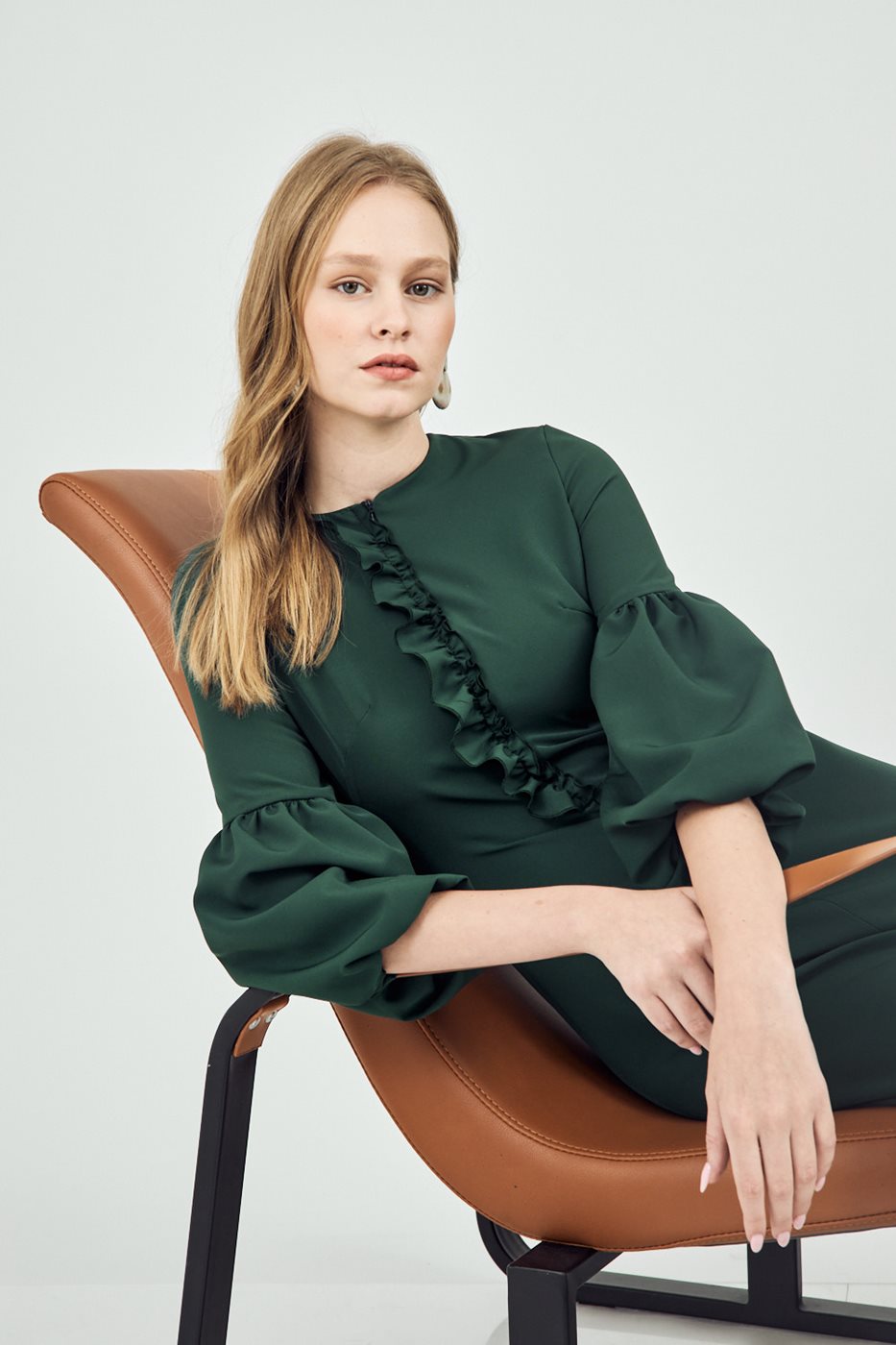 שמלת שרוולי בלון ירוק בקבוק