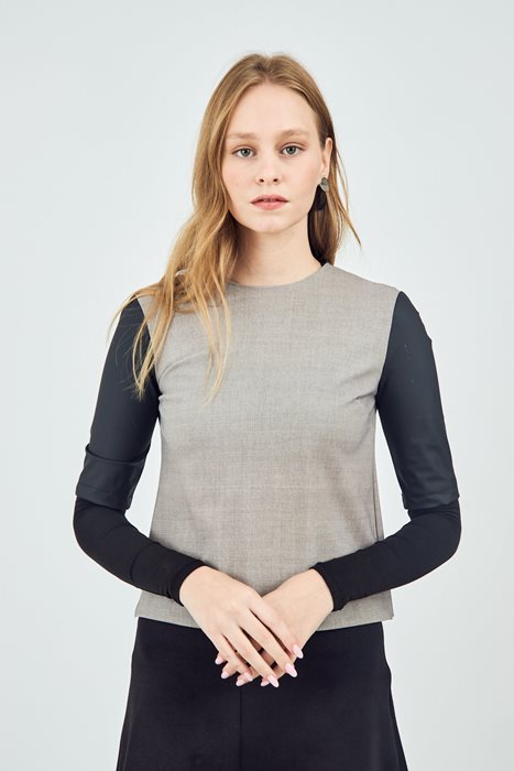 חולצת שרוולי עור בז'