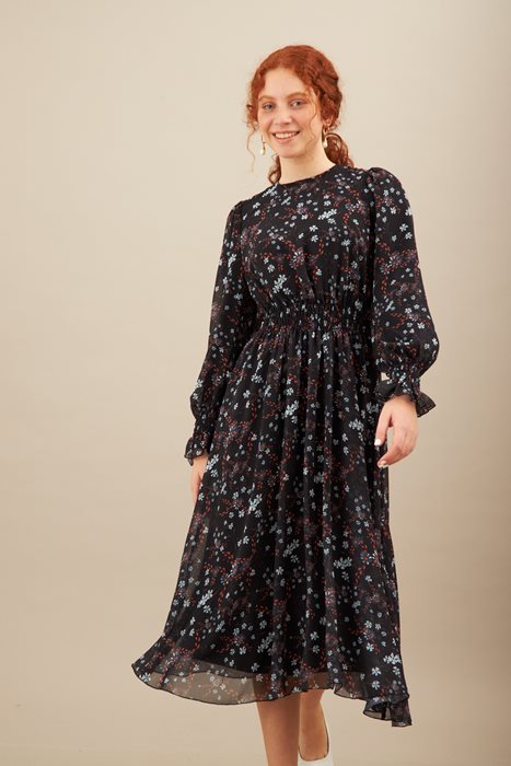 שמלת שיפון כיווצים שחור פרחים