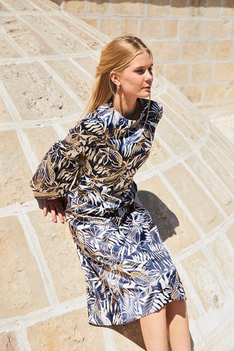 שמלת שרוולי בלון מודפס כחולזהב