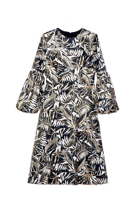 שמלת שרוולי בלון מודפס שחור זהב