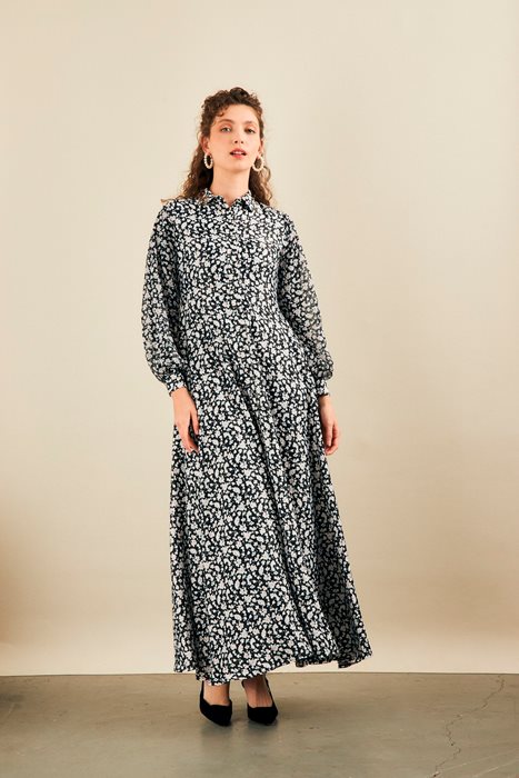 שמלה משולבת שיפון שחור פרחים