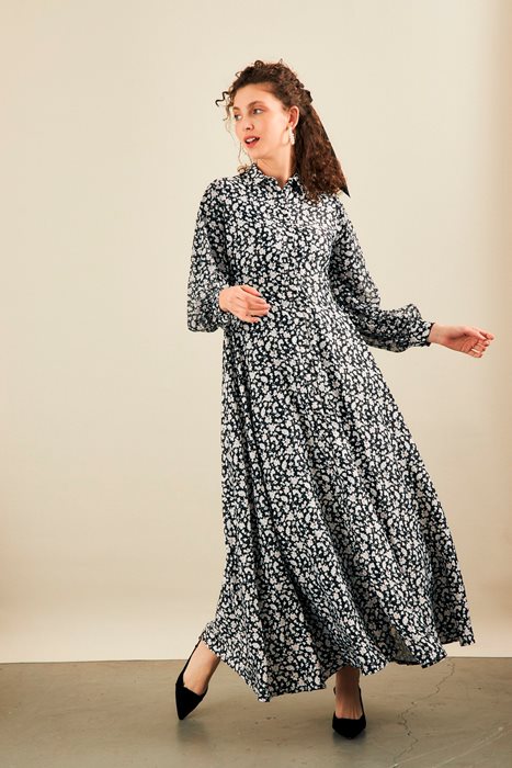 שמלה משולבת שיפון שחור פרחים