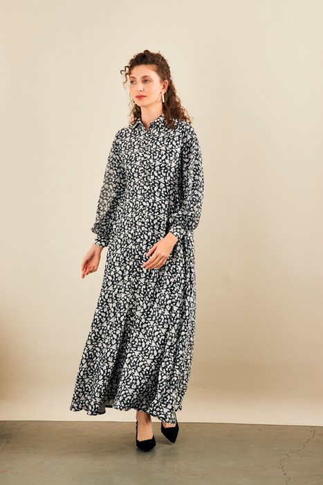 שמלה משולבת שיפון שחור פרחים