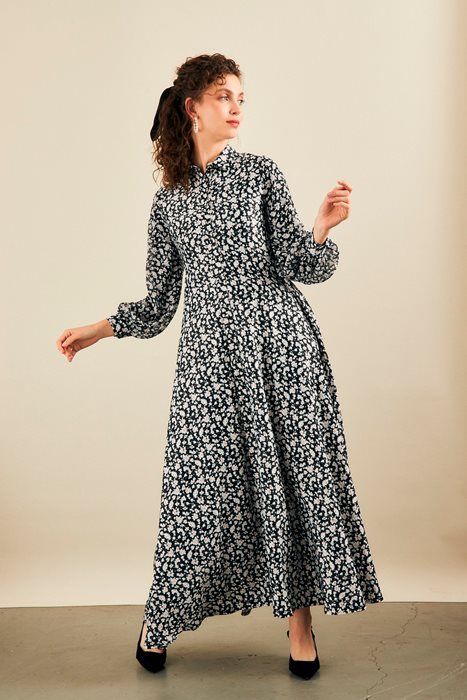 שמלה משולבת שיפון שחור פרחים