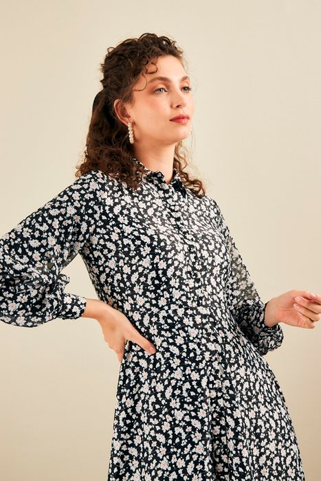 שמלה משולבת שיפון שחור פרחים