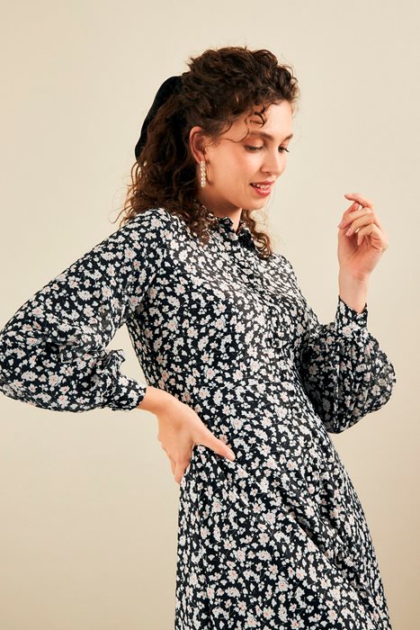 שמלה משולבת שיפון שחור פרחים