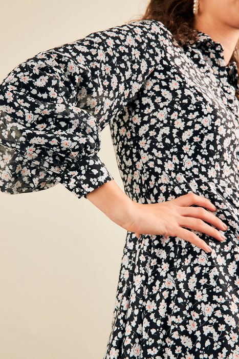 שמלה משולבת שיפון שחור פרחים