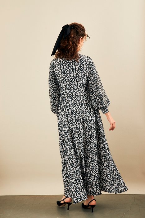 שמלה משולבת שיפון שחור פרחים