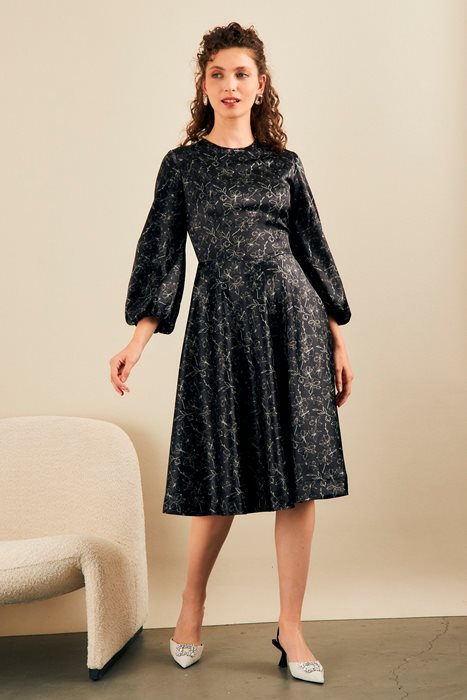 שמלת פעמון מודפסת שחור בז'