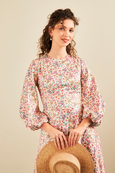 שמלת פעמון מודפסת בז' פרחים צבעוניים 1373