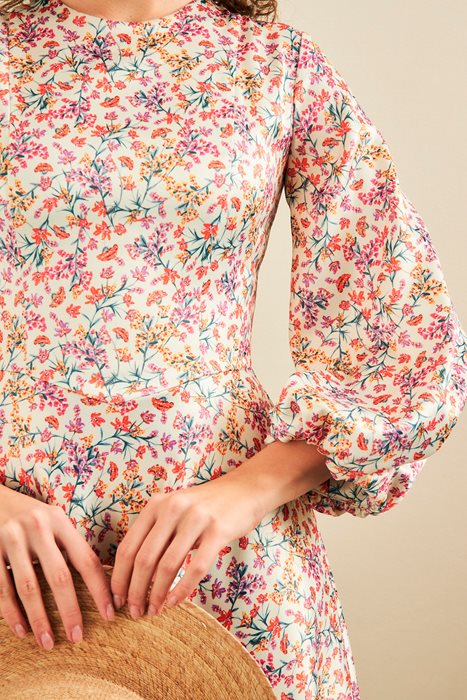 שמלת פעמון מודפסת בז' פרחים צבעוניים