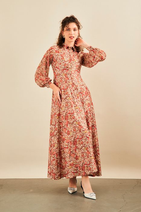 שמלה משולבת שיפון ורוד פרחים