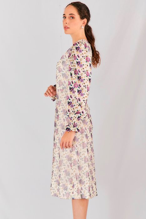 שמלת טול בשילוב סאטן מודפסת פרחים שמנת וסגול