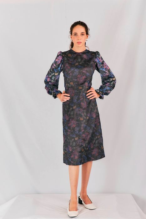 שמלת טול בשילוב סאטן מודפסת פרחים אפור כהה