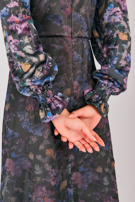 שמלת טול בשילוב סאטן מודפסת פרחים אפור כהה