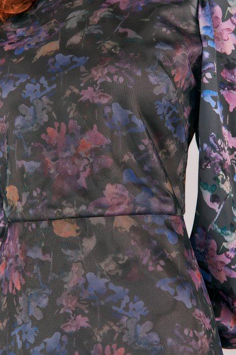 שמלת טול בשילוב סאטן מודפסת פרחים אפור כהה