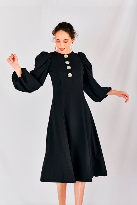 שמלת שרוולים תפוחים ויהלומים שחור