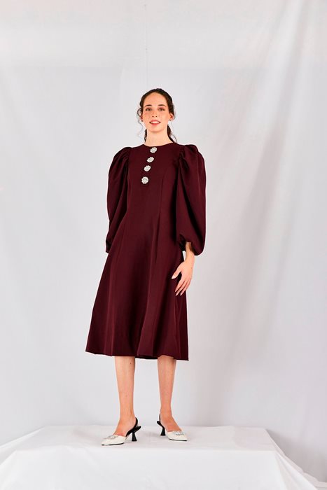 שמלת שרוולים תפוחים ויהלומים בורדו יין