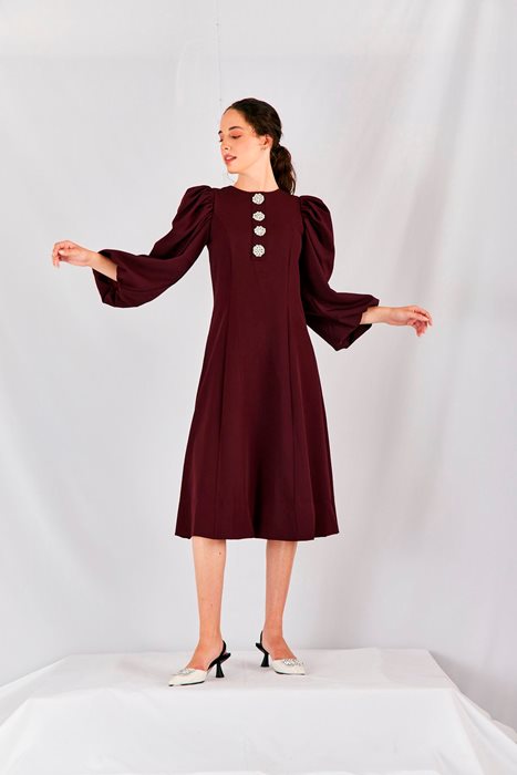 שמלת שרוולים תפוחים ויהלומים בורדו יין