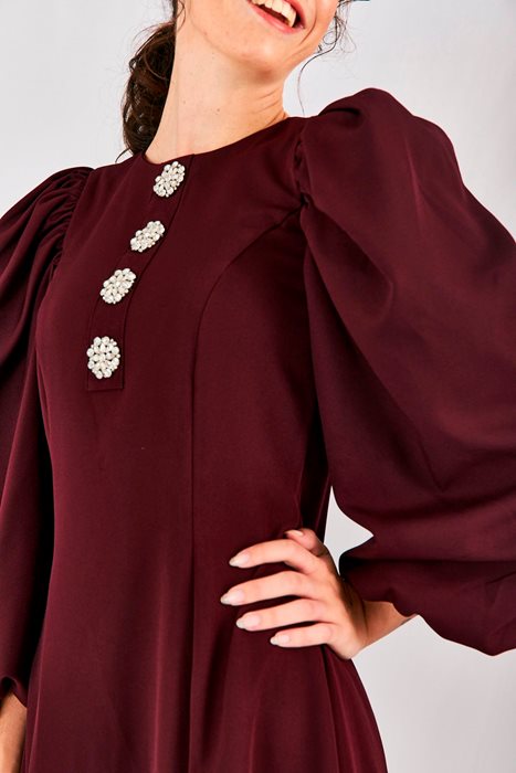 שמלת שרוולים תפוחים ויהלומים בורדו יין
