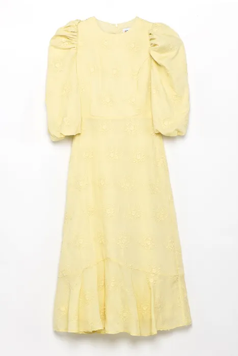 שמלת פרחים ריקמה מידי צהוב בננה