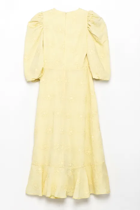 שמלת פרחים ריקמה מידי צהוב בננה