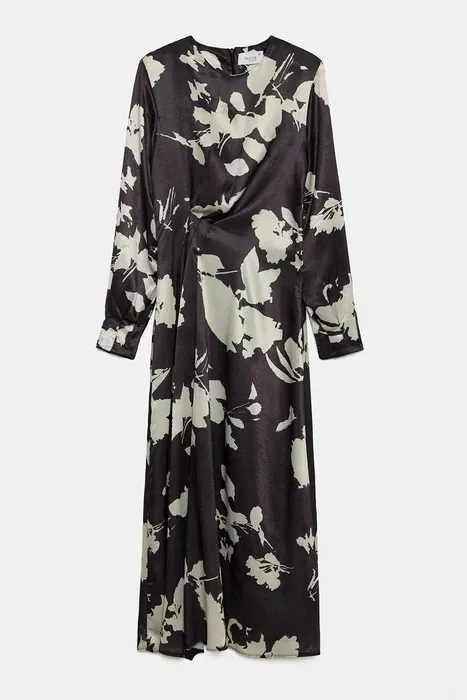 שמלת סאטן פרחים שחור-לבן