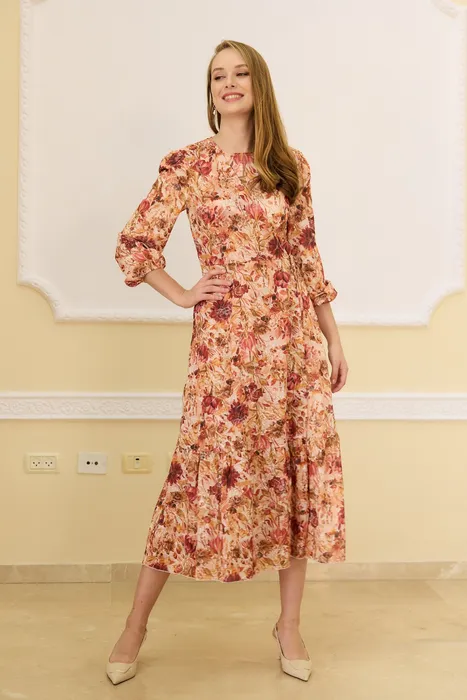 שמלת מעטפת פרחוני חום-כתום