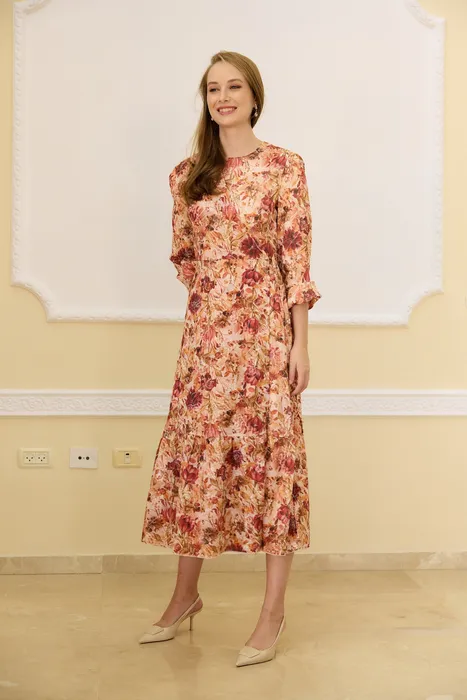 שמלת מעטפת פרחוני חום-כתום