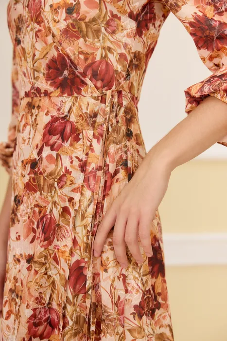 שמלת מעטפת פרחוני חום-כתום