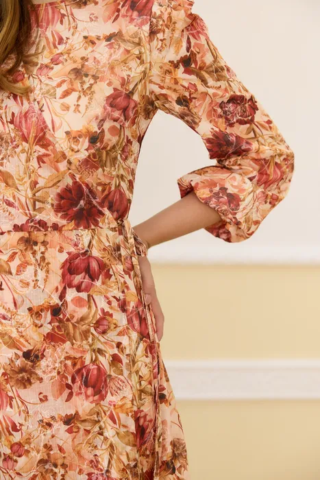 שמלת מעטפת פרחוני חום-כתום