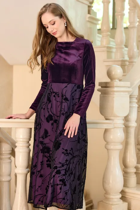 שמלת שיפון עם קטיפה סגול