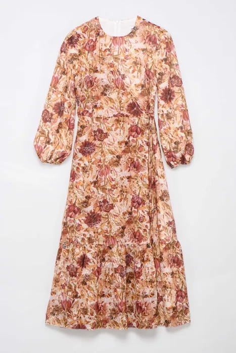 שמלת מעטפת פרחוני חום-כתום