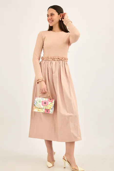 שמלת ריב משולבת כותנה ורוד מעושן