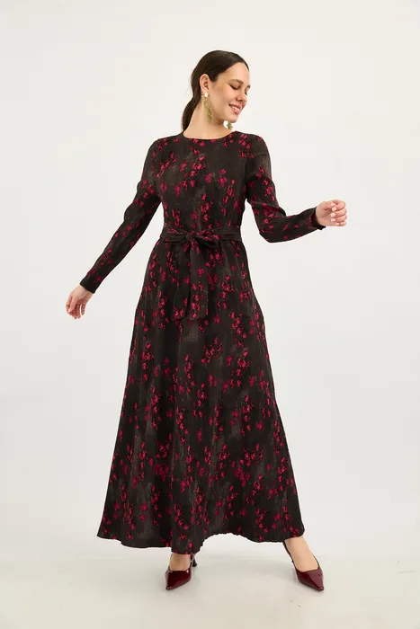 שמלה כיווצים פליסה אפור עם כתמים ורוד פוקסיה