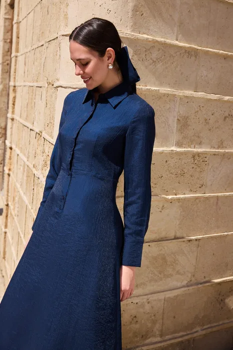 שמלת צווארון מידי כחול עמוק רודונייט